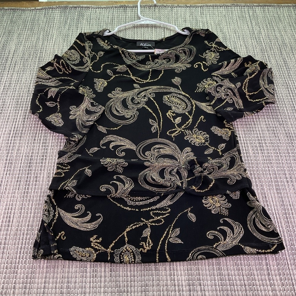 AGB Byer California Black Gold Paisley Floral 3/4 Sleeve Blouse Top Size 12